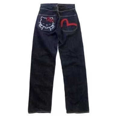 Women's Jeans 2024 Hip Hop Trend High Street Fashion Kitty Print Jeans Loose Straight Pants T240730