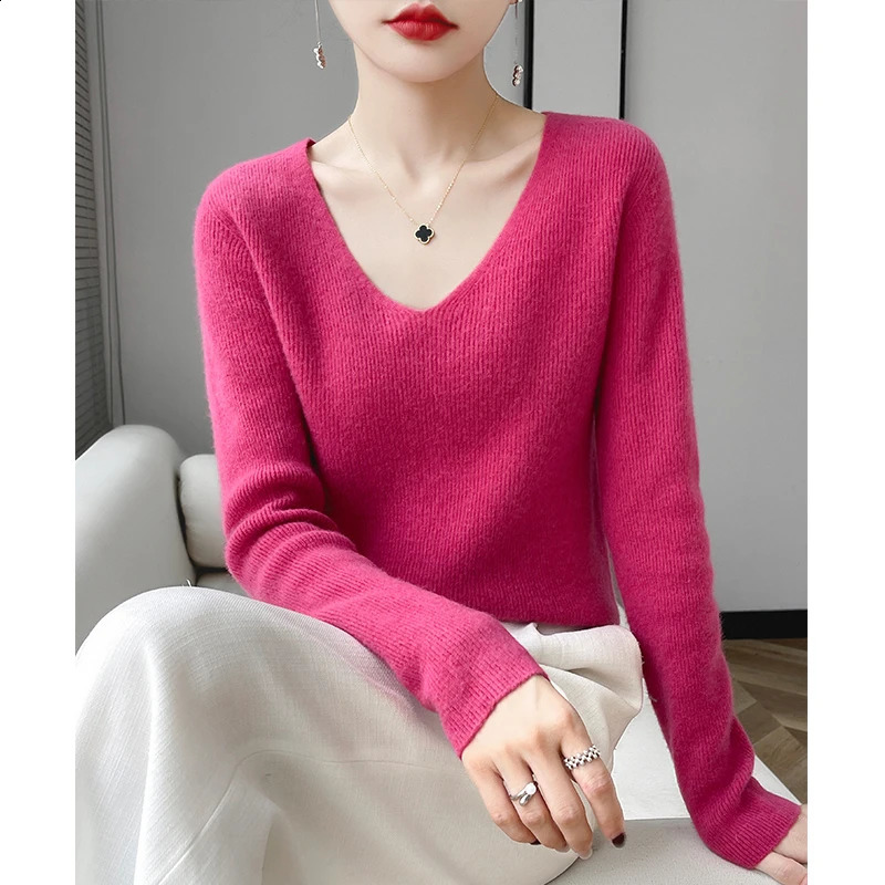 100% pure wool slim quality autumn and winter ladies Vneck sweater womens knitted pullover fashion solid color warm top 240730
