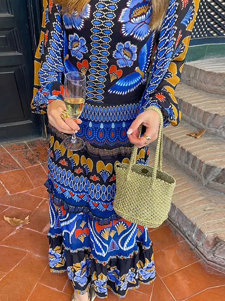 Vintage Print Dress Women Elegant Fashion Long Sleeves Soft Chic Robe Female 2024 Spring Summer Casual Loose Party Dresses Lady240730