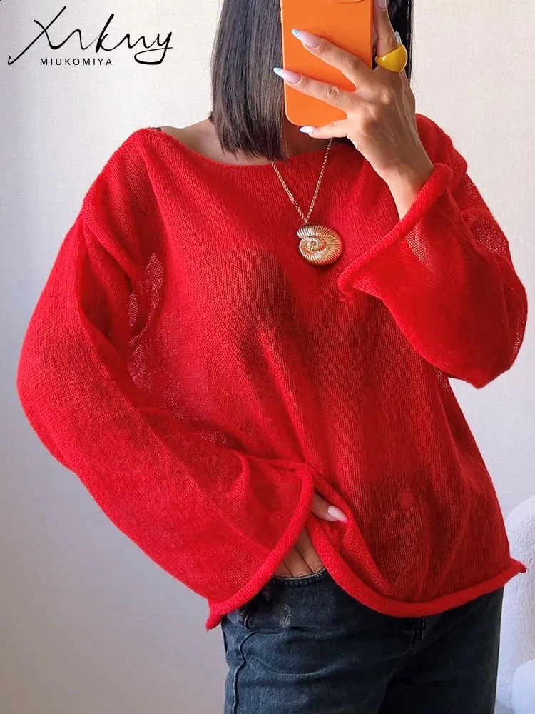 T Shirts Oversize Thin Knitted Pullovers Women Summer Trumpet Long Sleeve Shirt For Loose Top Tees Transparent Sweater 240730