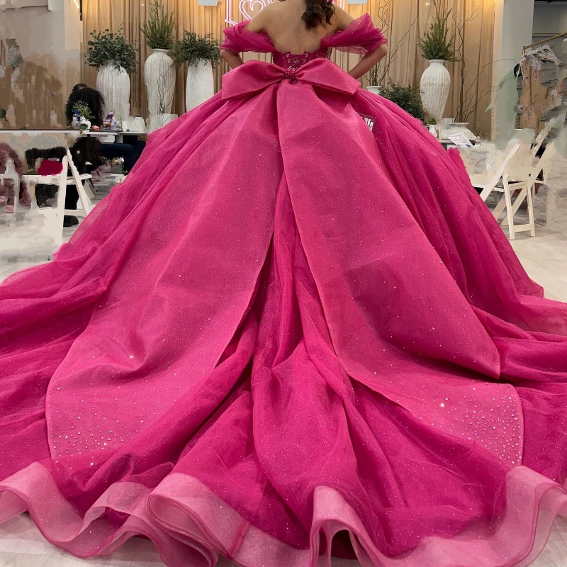 Rose Red Sparkly Princess Quinceanera Dresses Off Shoulder Beads Crystal Bow Corset Gillter Vestido de 15 quinceanera Sweet 16 Gown
