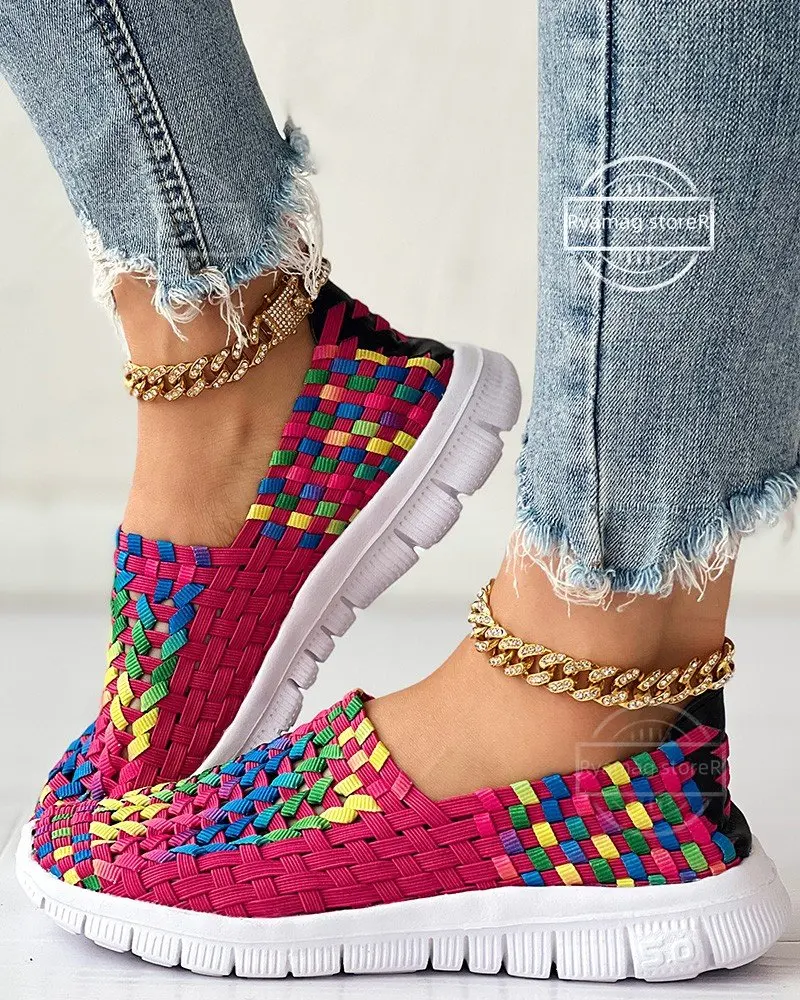 Sneakers women's Colorblock Braided Slip-on Women Flat Shoes Elastic Band Weave Shoes Women Flat Shoes Loafers Zapatos De Muje - view 7