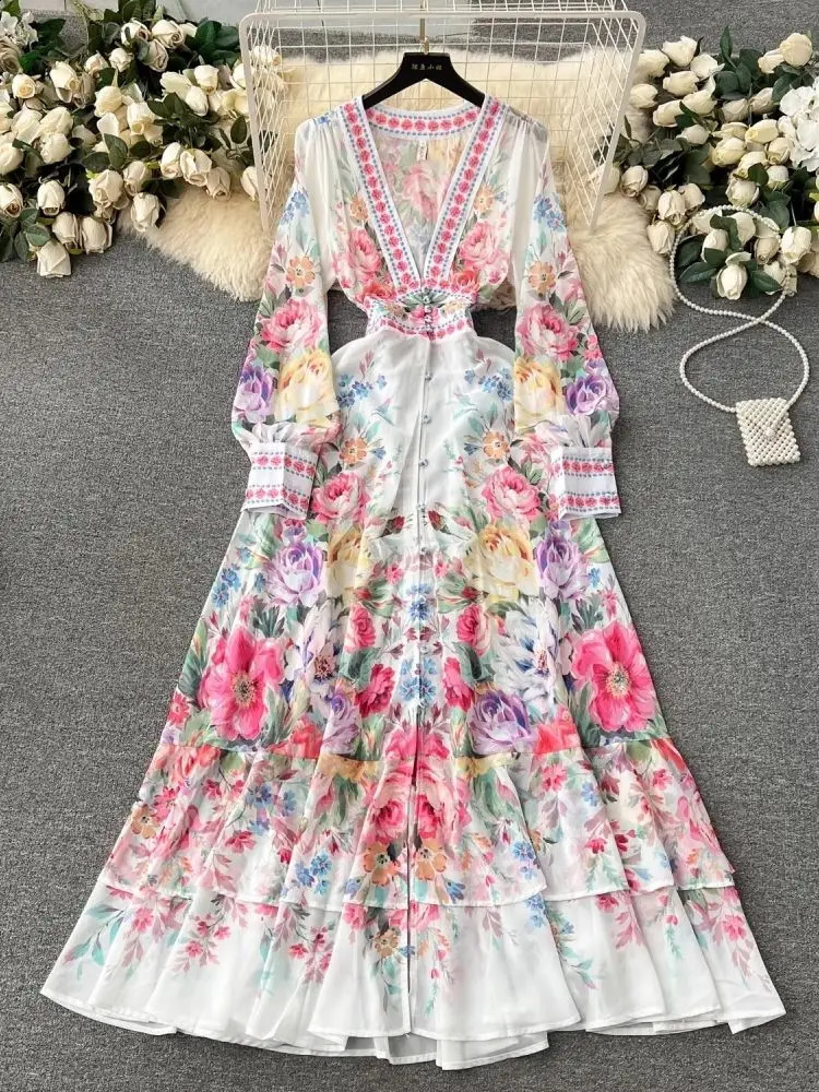 2024 Fashion Gorgeous Flower Chiffon See Through Ruffles Dress Women Sexy Deep V Neck Long Sleeve Floral Print Boho Robe Vestido240730