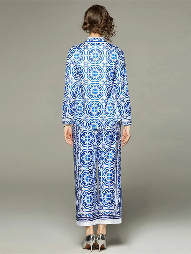 Spring Summer Blue And White Porcelain Flower Print Satin Suit Womens Long Sleeve Shirt Top Ankle Wide Leg Pants Set Outfits240730