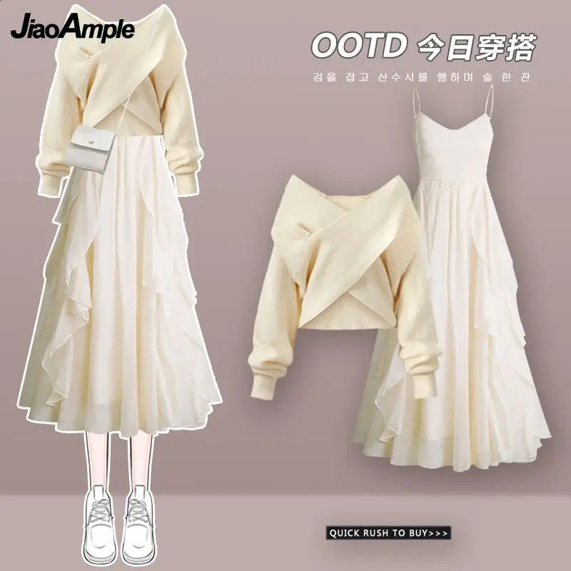 Womens Autumn Winter in Matching Set Korean Elegant VNecek Knitted Sweater Sling Dress Two Piece Female Clothing Suit 240729