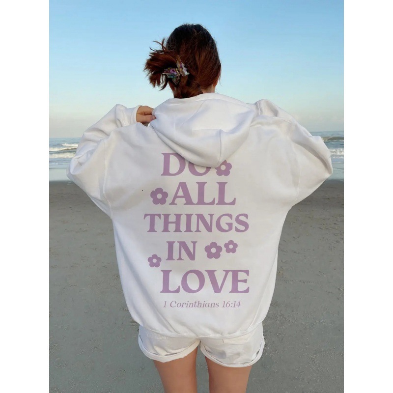 Women's oversized plush with lettering slogan kangaroo pocket drawstring printed hoodie F7.30#45