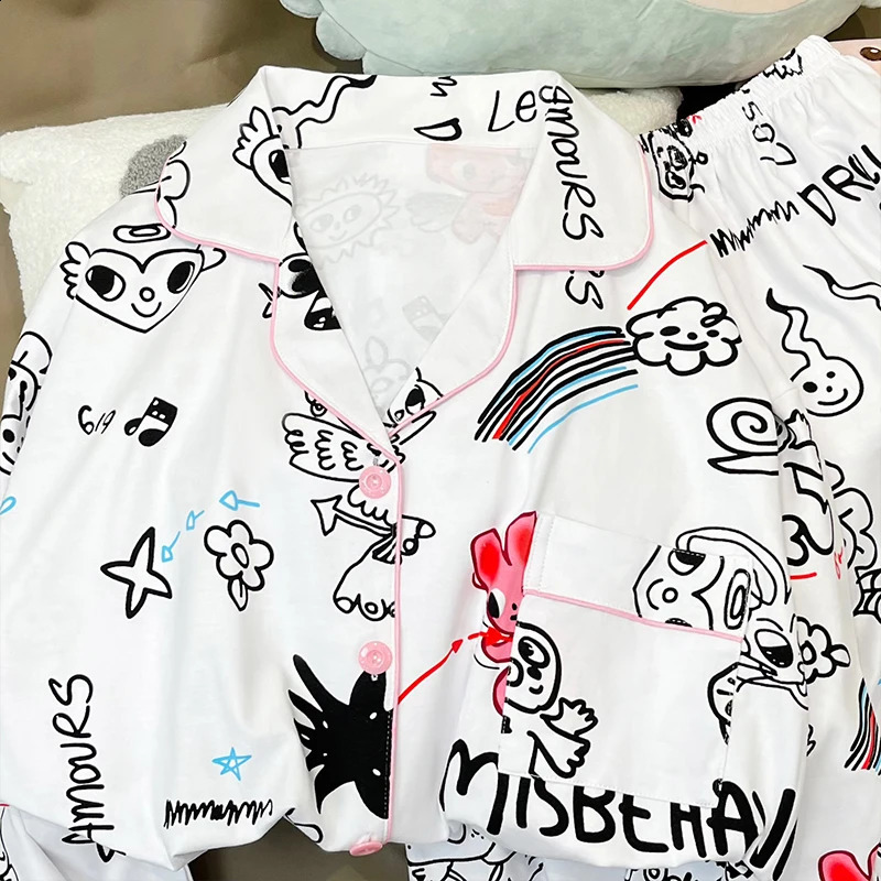 Korean Fashion Cartoon Print Womens Pajama Sets Classic Solid Casual Female Sleepwear Spring Autumn Y2k Home Lounge 240730