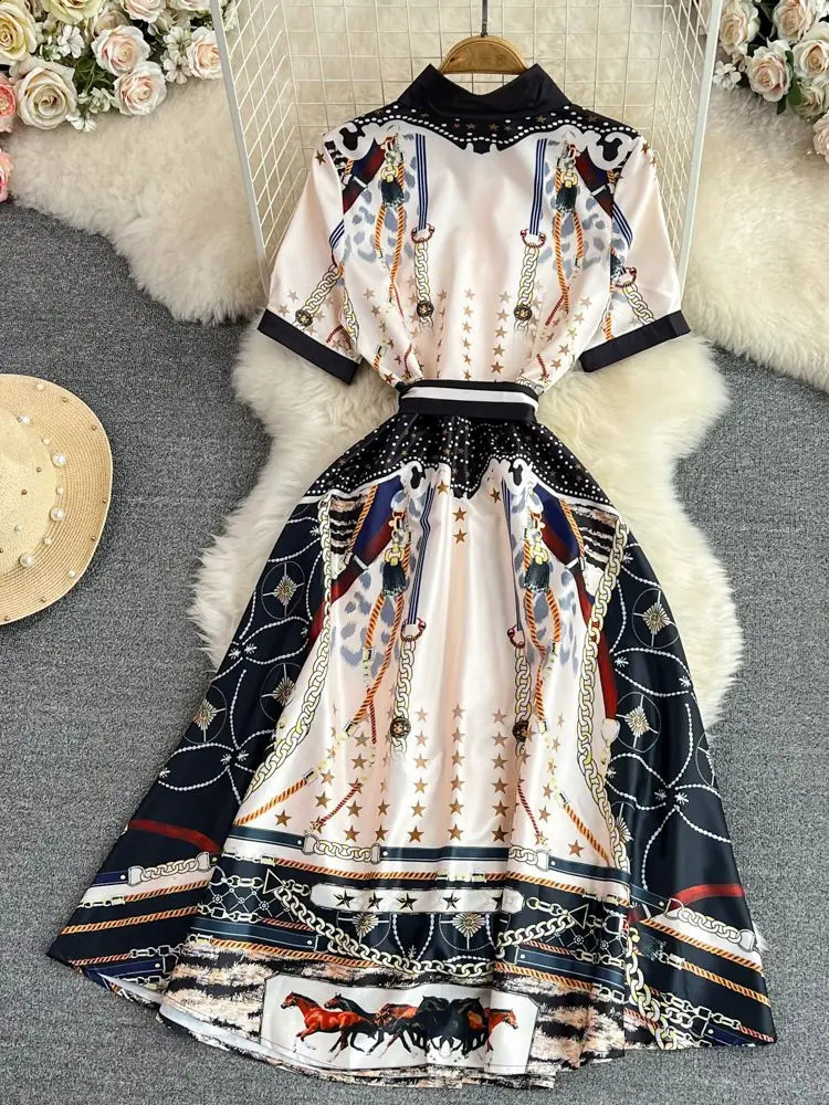 Summer Vintage Short Sleeve Lapel Shirt Dress Womens Star Chain Horse Printed Single Breasted Sashes Lace Up Midi Vestidos240730