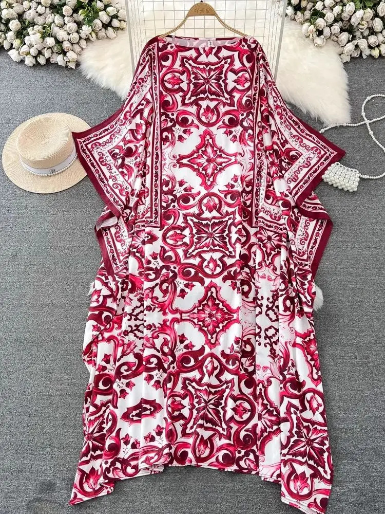Summer Fashion Blue And White Porcelain Print Long Loose Robe Womens Batwing Sleeve Retro Slash Neck Side Split Maxi Dress240730