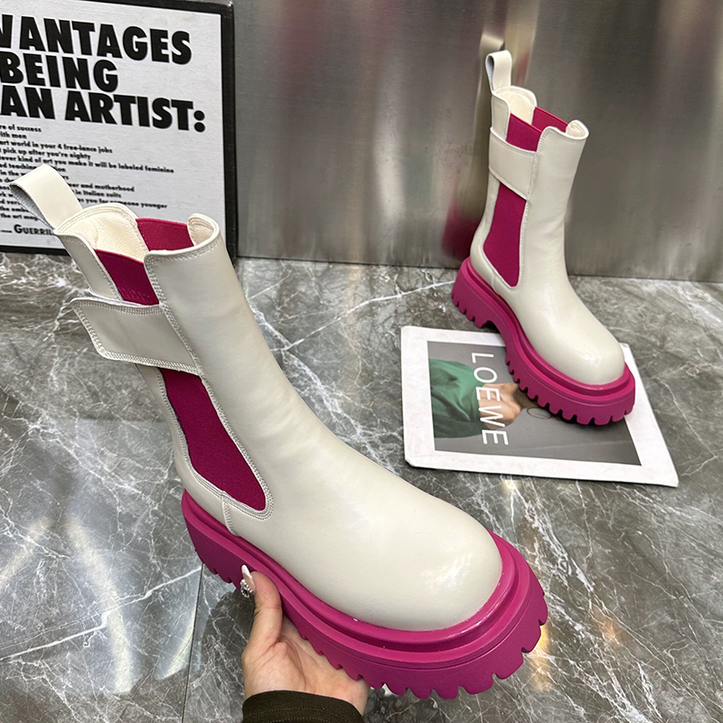 Women's Chunky Platform Ankle Boots 2023 Autumn Mix Color Thick Bottom Booties Woman Slip On Pu Leather Motorcycle Shoes
