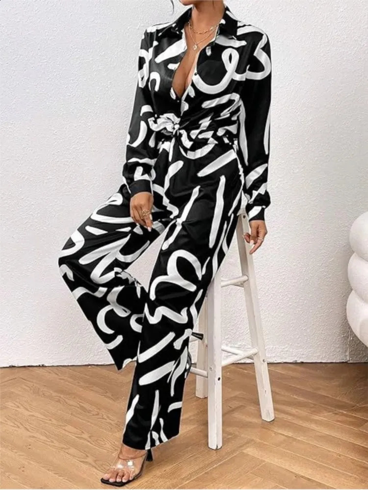 Spring Autumn Fashion Print 2 Piece Sets Women Loose Casual Pants Sets Female Long Sleeve Shirt Wide Leg Pants Two Piece Sets240730