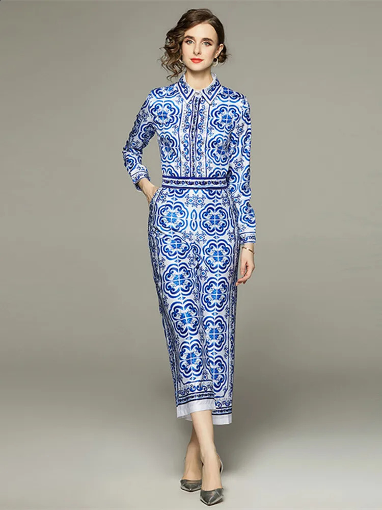 Spring Summer Blue And White Porcelain Flower Print Satin Suit Womens Long Sleeve Shirt Top Ankle Wide Leg Pants Set Outfits240730