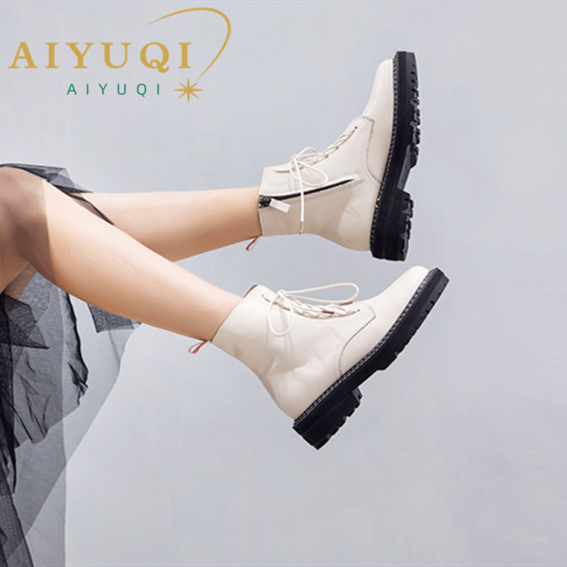 AIYUQI Boots Female 2024 Genuine Leather Women Booties Lace Up White winter women shoes Non-slip girl Marton boots