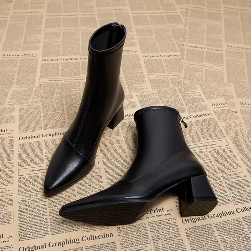 Ankle Boots for Women's Thick Heel Spring Summer Autumn Single Boots 2023 New Pointed High Heels Shoes Mid-heel Fashion