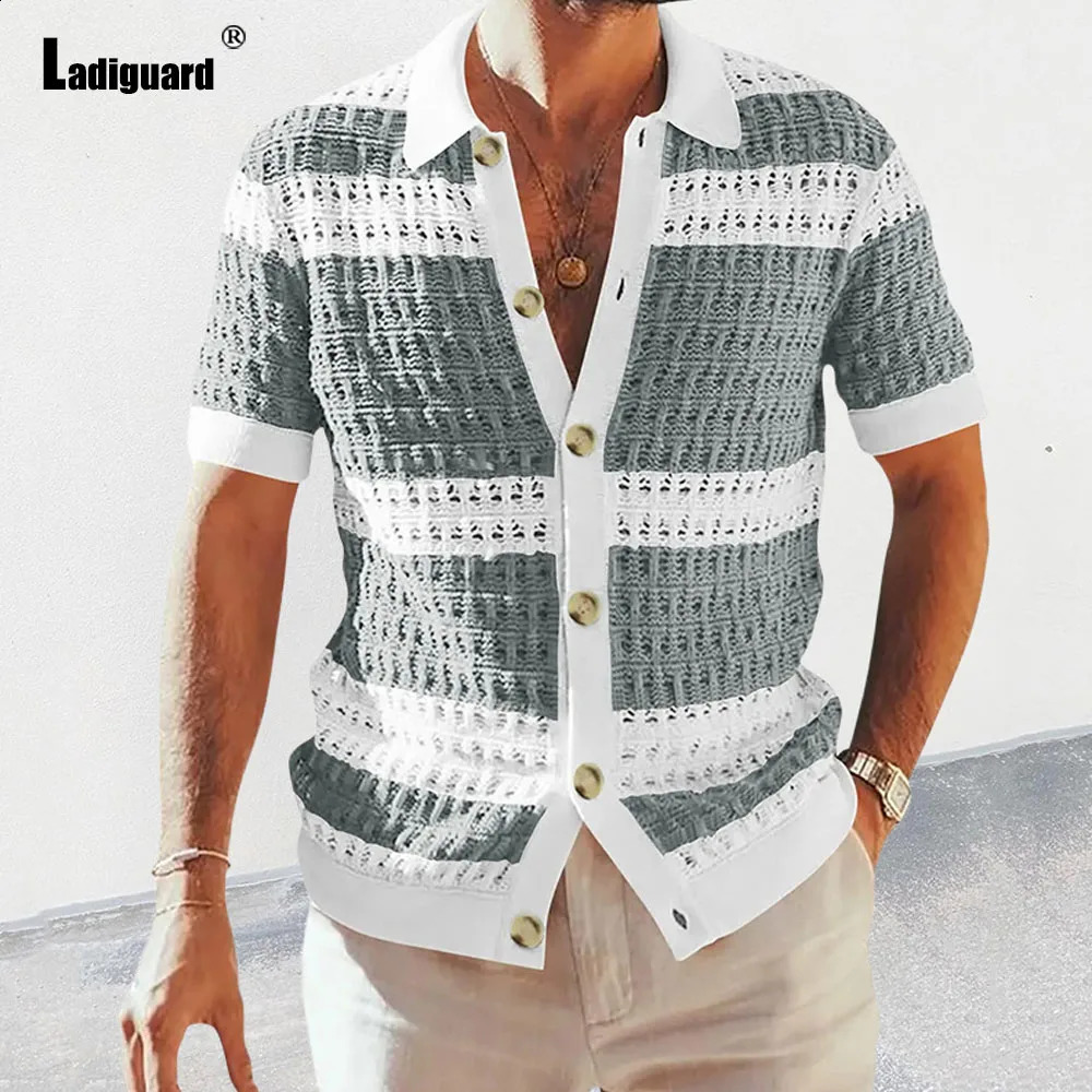 Ladiguard Plus size mens short sleeved knitted sweater summer cardigan American European fashion striped top beachwear 240812