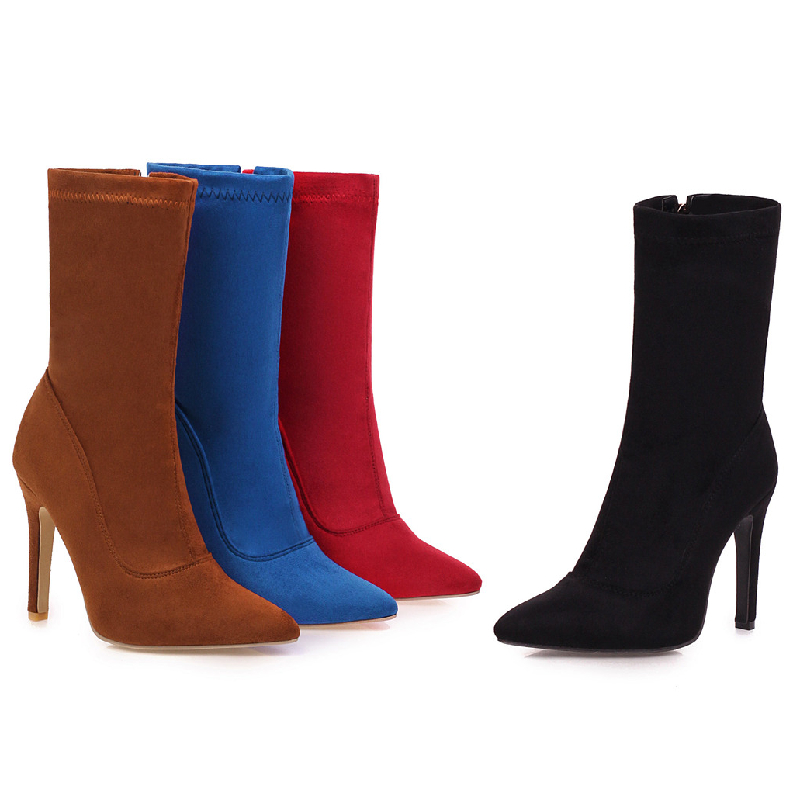 Thigh Slim Soc Stretch ck Blue Red Black High Heels Party Shoes Woman Large Size Fashion Autumn Ankle Boots Female cf23 Bla