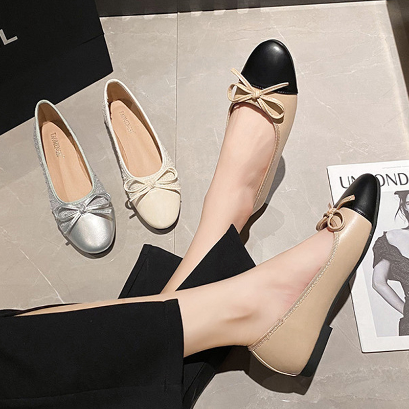 Round Elegant Toe ee0da Bowtie Flats Women Mixed Color Shoes Office Ladies Dress Slip On Moccasins Femme Cozy Loafers Sier Ballerina