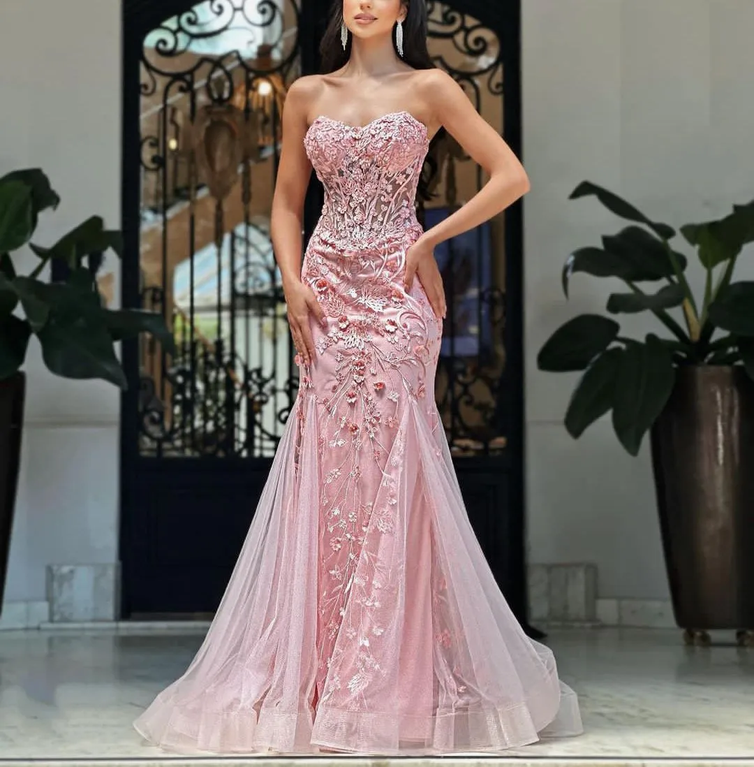 Elegant Mermaid Evening Dresses Sweetheart Neck Sleeveless Gown Backless Lace Appliques Sweep Train Dress Party Prom Custom Made