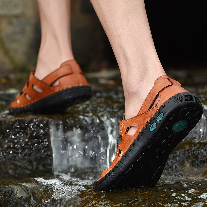Leather Casual Shoes for Men Breathable Outdoor Anti-slip Loafers Men Soft Sole Cowhide Beach Sandals Summer Big Size 47 48