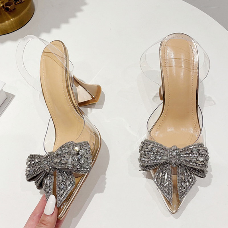 Women's Sequined Bowknot Pointed Toe High Heel Sandals - PVC Transparent 4 c7353