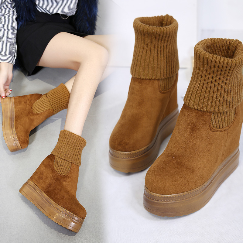 Mid-Calf Knitting Wool Hidden hot Heel Platform Winter Boots for Women