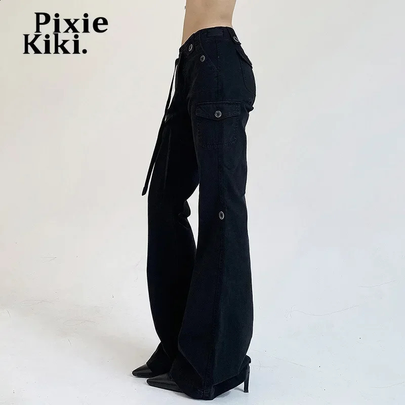 PixieKiki Low Rise Flare Jeans Women Grunge Y2k Cargo Pants 90s Vintage Clothes Black Brown Denim Trousers Streetwear P67-FZ30 240806