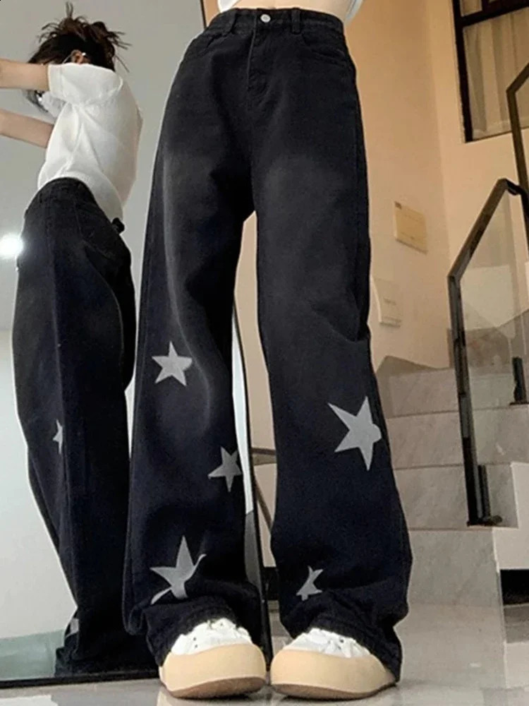 Fashion Style Vintage Star Decoration Jeans Girls High Street Y2k Denim Straight Leg Pants Lady Streetwear Punk Black Trousers 240806