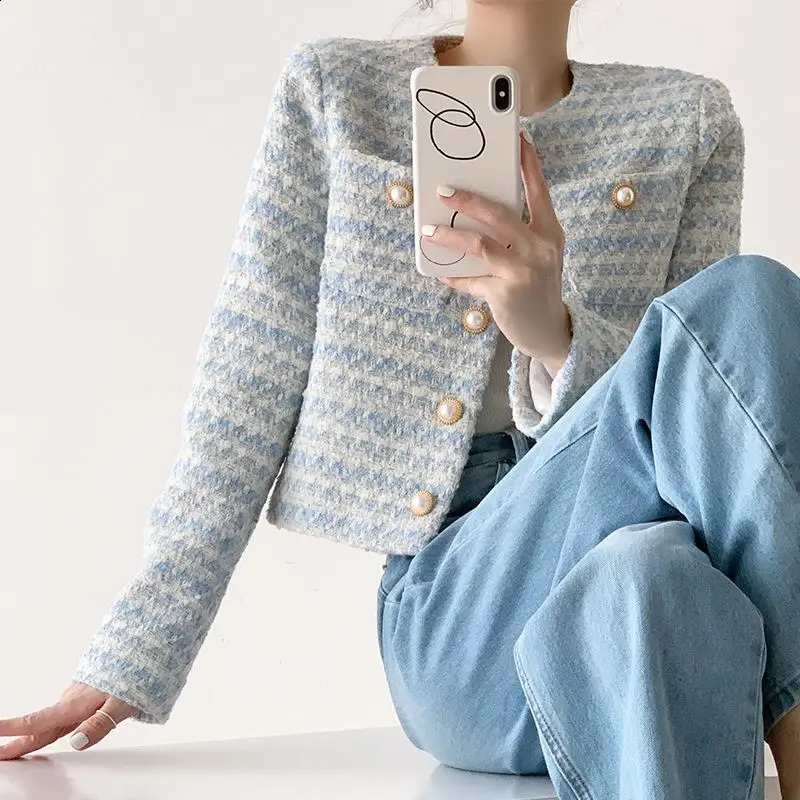 Korean Fashion Women Long Sleeve Tweed Jacket Coat Autumn Winter O-neck Short Coat Casual Outerwear Womens Crop Top 240730