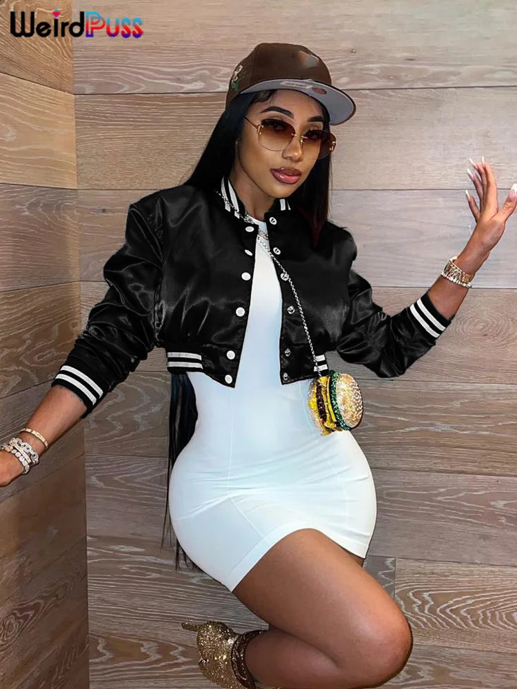 Weird Puss Sporty Autumn Jacket Varsity Women Long Sleeve Single-Breasted Wild Hipster Casual Sweatshirt Streetwear Short Coat 240729