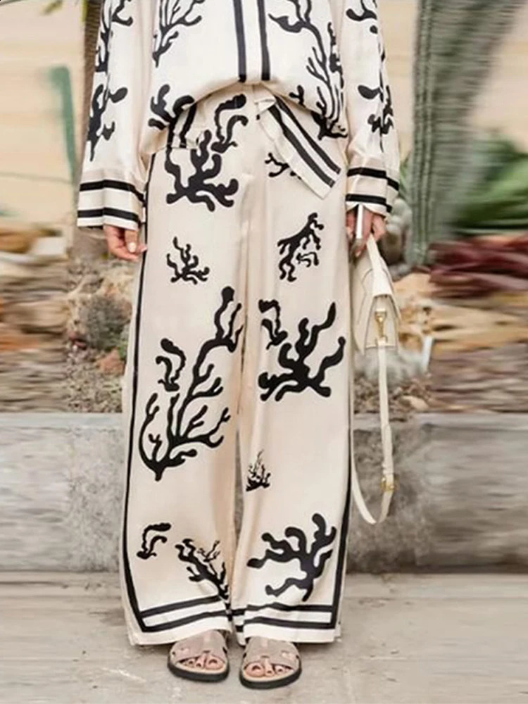 Printed pants set for women casual loose fashionable lapel long sleeved shirt 2024 elegant retro street 2piece 240729
