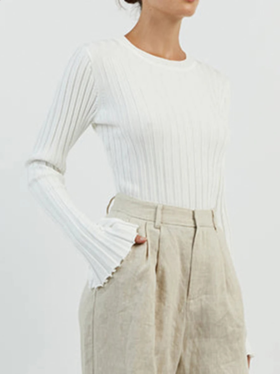Women Soft Crewneck Short Sweaters Slim Fit Ribbed Fall Bell Sleeve Knit Elegant Laides Sweater Shirt Tops 240730