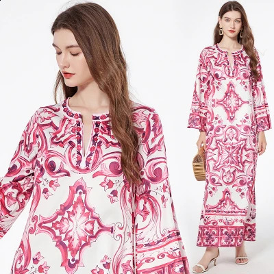 Summer Runway Blue And White Porcelain Long Dress Women O-Neck Flare Sleeve Floral Print Bohemian Side Split Loose Robe Vestidos240730