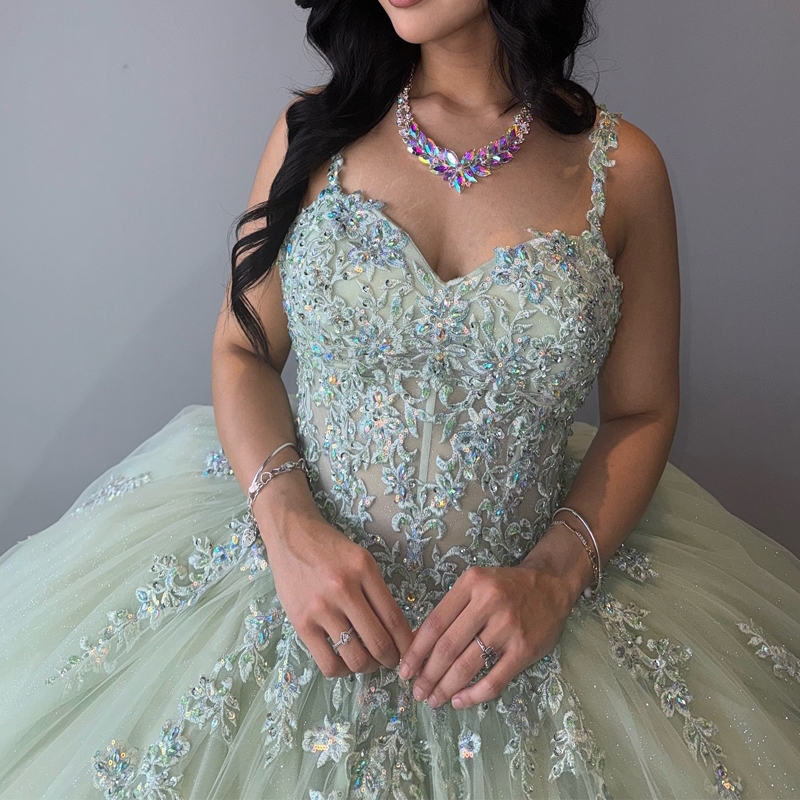Sage Green Princess Sweetheart Shiny Quinceanera Dress Party Gown Lace Appliques Beads Crystal Off The Shoulder For 16 Year