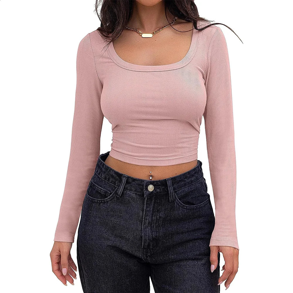 Womens Long Sleeve Square Neck Crop Top Ribbed Slim Fitted Y2K Casual T-Shirt Tops 240730