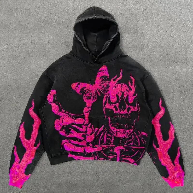 Vintage Y2K Hoodie Coats Street Clothing Gothic Casual Letter Explosion Printed Pattern Skull Fashion Harajuku Mens 240723