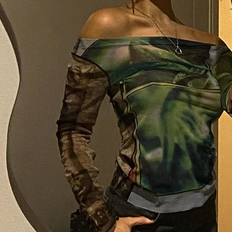 Y2K Sexy Lace Mesh See Through T-Shirts Goth Graphic Print Long Sleeve Knit Patchwork Tops Vintage Women Summer Streetwear 240730