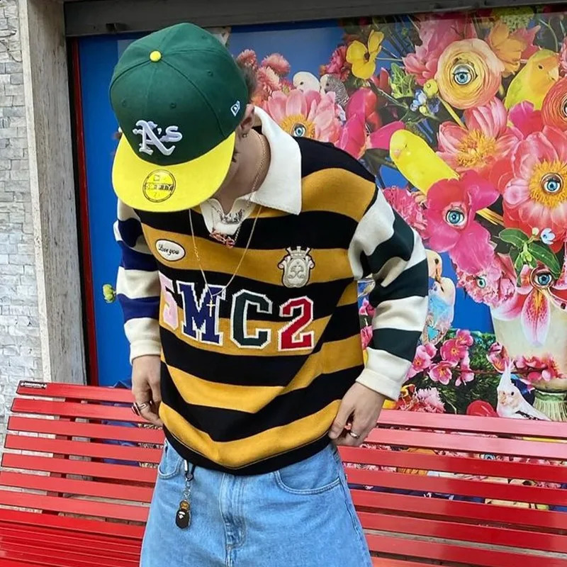 Aesthetic kawaii letter embroidery striped POLO collar pullover sweaters women sweet and cute fashion versatile baggy sweatshirt 240730