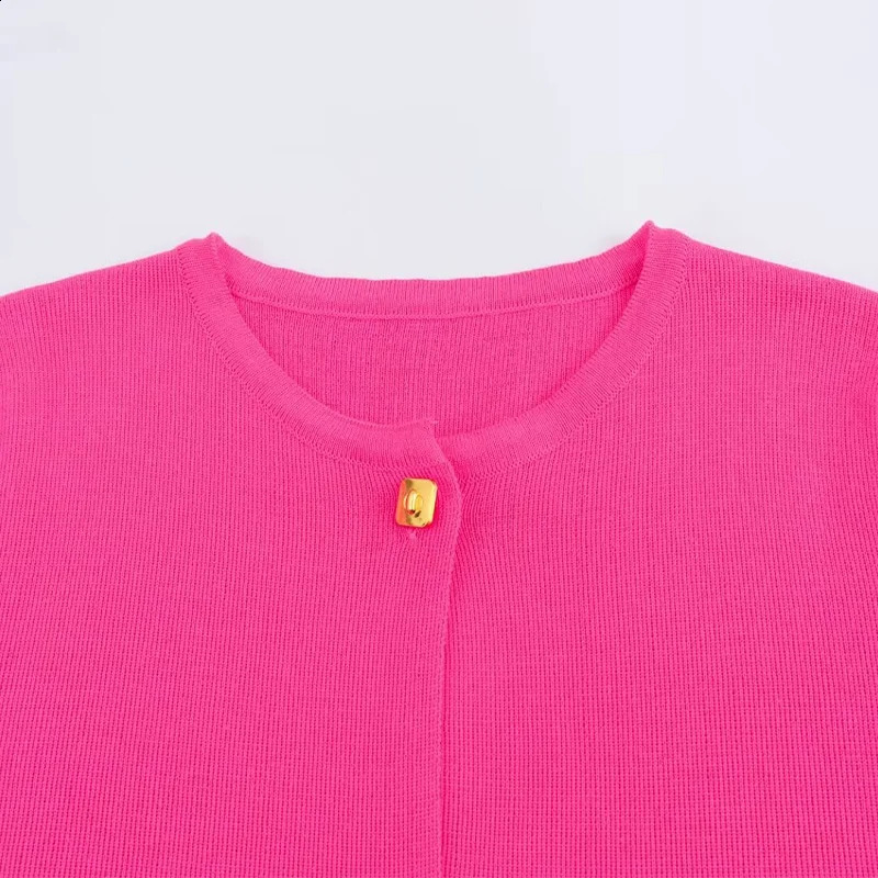 greatguy Thin Knitted Women Cardigan Jacket Traf Autumn Short Sleeve Metal Button Sweater Coat Female Crop Top Y2K Outwear 240730