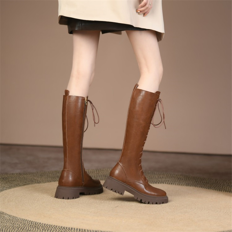 Knee-High New Winter Split Leather Chunky High Solid Platform Shoes for Women Knight Boots 98cb