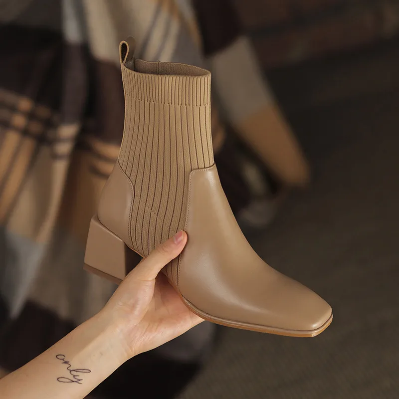 Martin Boots New Women's Fall/winter Style Medium Heel Square Toe Short Boots Knitcracker Khaki Slim Stocking Elastic Boot