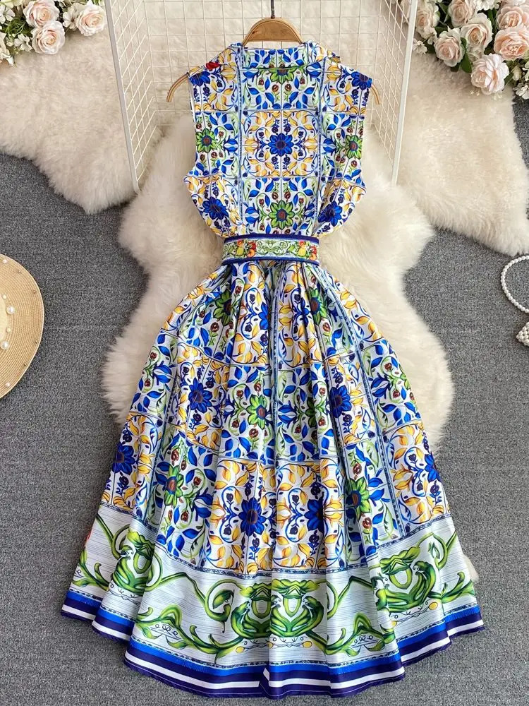 Summer Runway Sleeveless Turn Down Collar Single-Breasted A-Line Dress Women Printing Belt Party Beach Vestidos240730