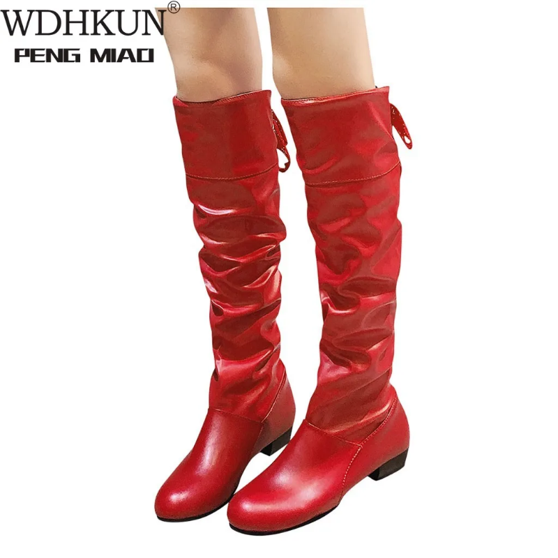 Spring Fashion Women Boots Botas Female Stretch PU Leather Shoes Woman Black Red White Roma Knee-Length 74f1