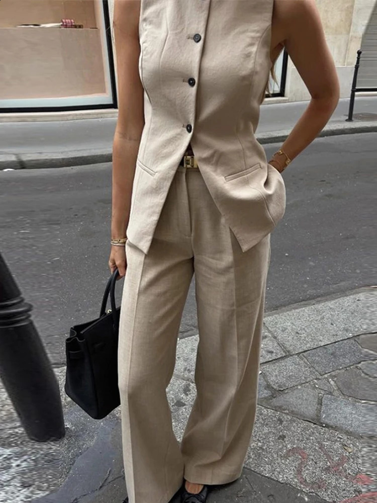 Elegant Vest Pants Set 2 Pieces Sleeveless Oneck Single Breasted Top High Waist Wide Pant 2024 Summer Office Lady Outfit y240810