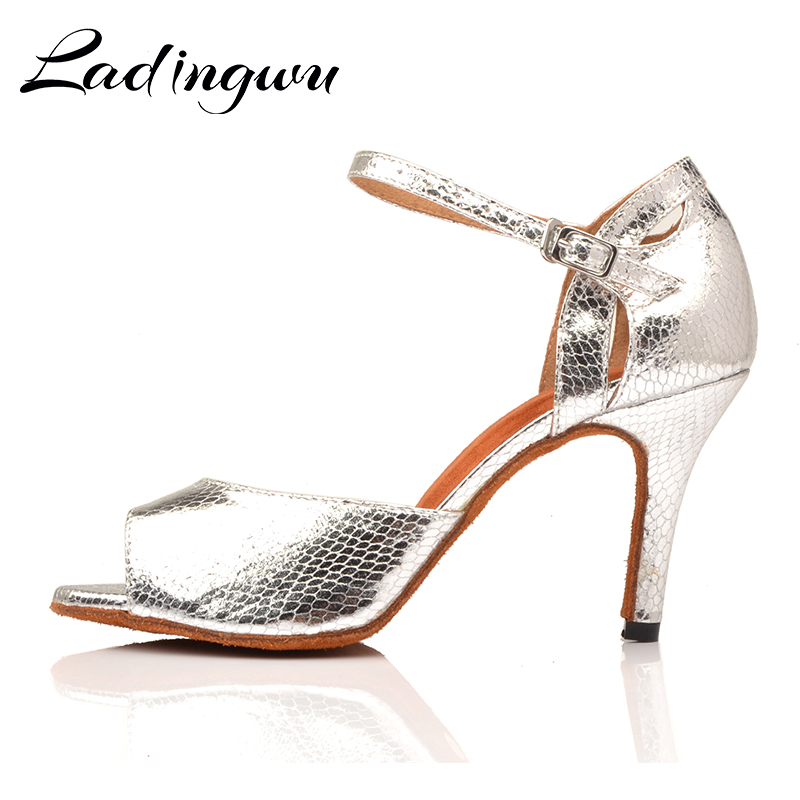 Ladingwu New Salsa Shoes Dance Women's Ballroom Dance Shoes Sandals Party Performance women Latin Dance Shoes Silver Snake PU