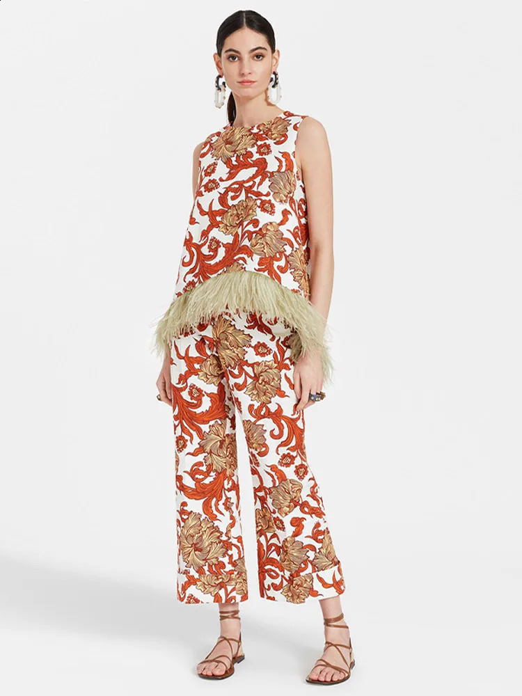 Fashion Flower Print Feather Patchwork 2 Piece Set Oneck Sleeveless Tops Pants Suits 2024 Causal High Street Outfits y240816