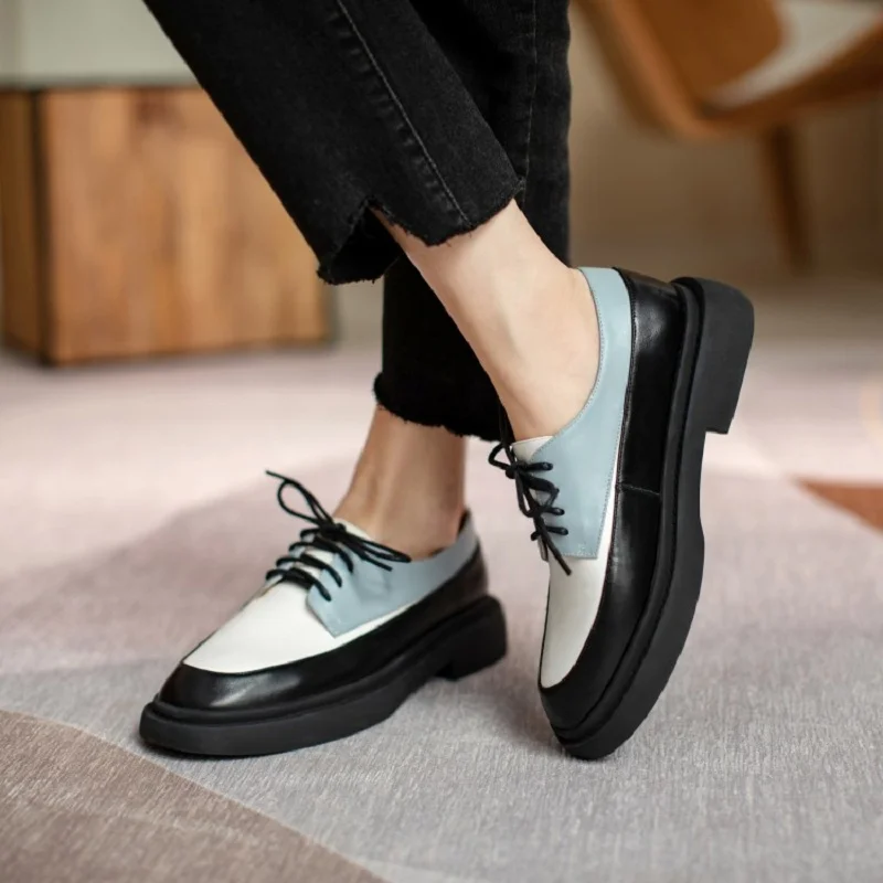 Women's Leather Round Toe Lace Up Platform Shoes, Color Mixed Flats Sneakers 4