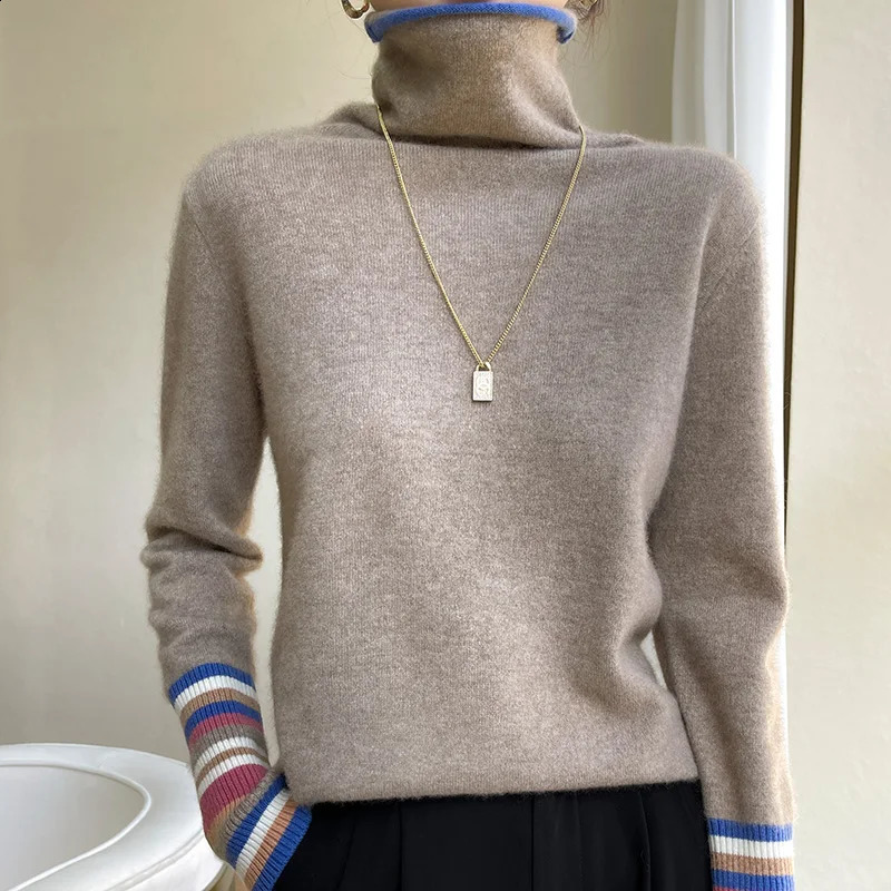 100% Merino Cashmere Sweater Womens Collar Pullover 22Autumn and Winter Knitted Bottoming Shirt Fashion Colorblocking Tops 240730