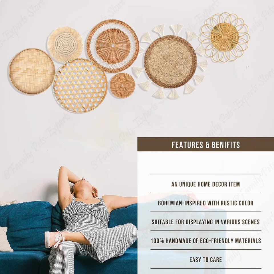 7Pcs Boho Rattan Wall Decor Hanging Woven Baskets Decor Bohemian Home Decor Handmade Wicker Wall Decor for Bedroom Farmhouse 240730