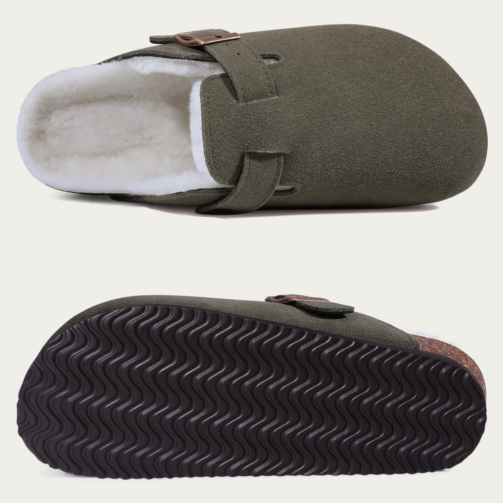 Comwarm Women's Fur Clogs Fuzzy Cork Footbed Mules Men Fashion Suede Flats Slippers Slip On Winter Potato Shoes