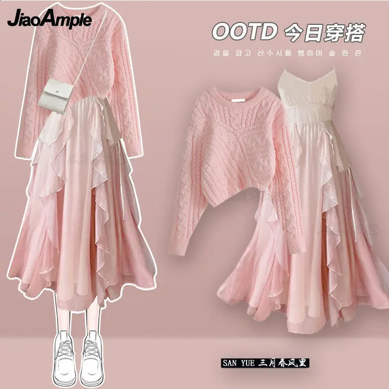 Womens Autumn Winter in Matching Set Korean Elegant VNecek Knitted Sweater Sling Dress Two Piece Female Clothing Suit 240729